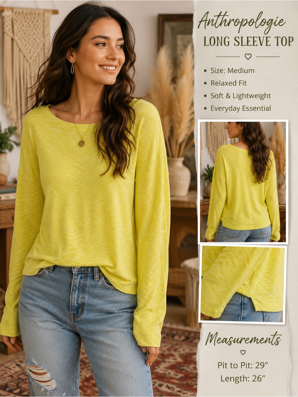 Anthropologie Bright Lemon Yellow Long Sleeve Top